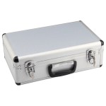 Large hard-shell aluminum-alloy flight case with foam lining, lockable, for storing tools, cameras, and firearms.